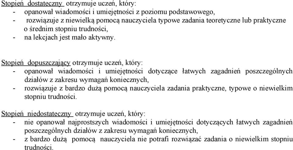 Stopień dopuszczający otrzymuje uczeń, który: - opanował wiadomości i umiejętności dotyczące łatwych zagadnień poszczególnych działów z zakresu wymagań koniecznych, - rozwiązuje z bardzo dużą pomocą