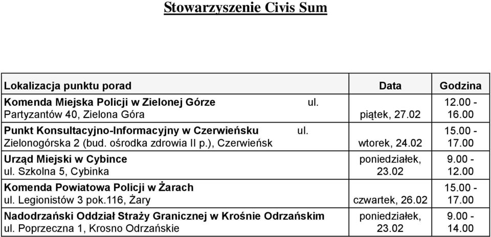 02 Urząd Miejski w Cybince ul. Szkolna 5, Cybinka poniedziałek, 23.02 Komenda Powiatowa Policji w Żarach ul. Legionistów 3 pok.