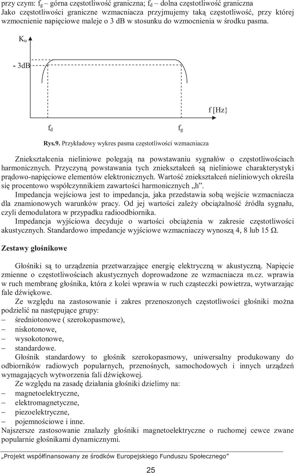 Przykładowy wykres pasma częstotliwości wzmacniacza Zniekształcenia nieliniowe polegają na powstawaniu sygnałów o częstotliwościach harmonicznych.