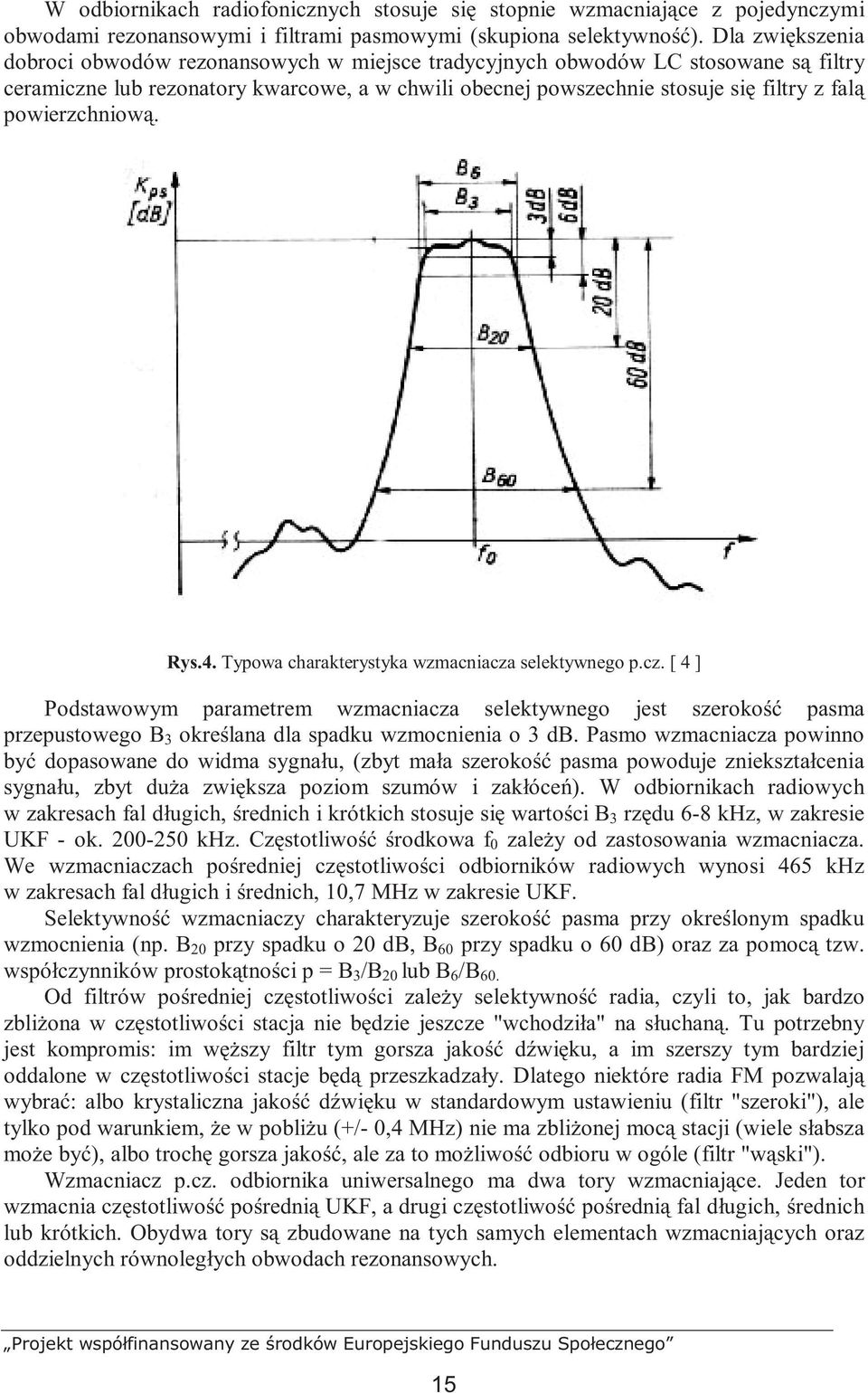 powierzchniową. Rys.4. Typowa charakterystyka wzmacniacza selektywnego p.cz. [ 4 ] Podstawowym parametrem wzmacniacza selektywnego jest szerokość pasma przepustowego B 3 określana dla spadku wzmocnienia o 3 db.