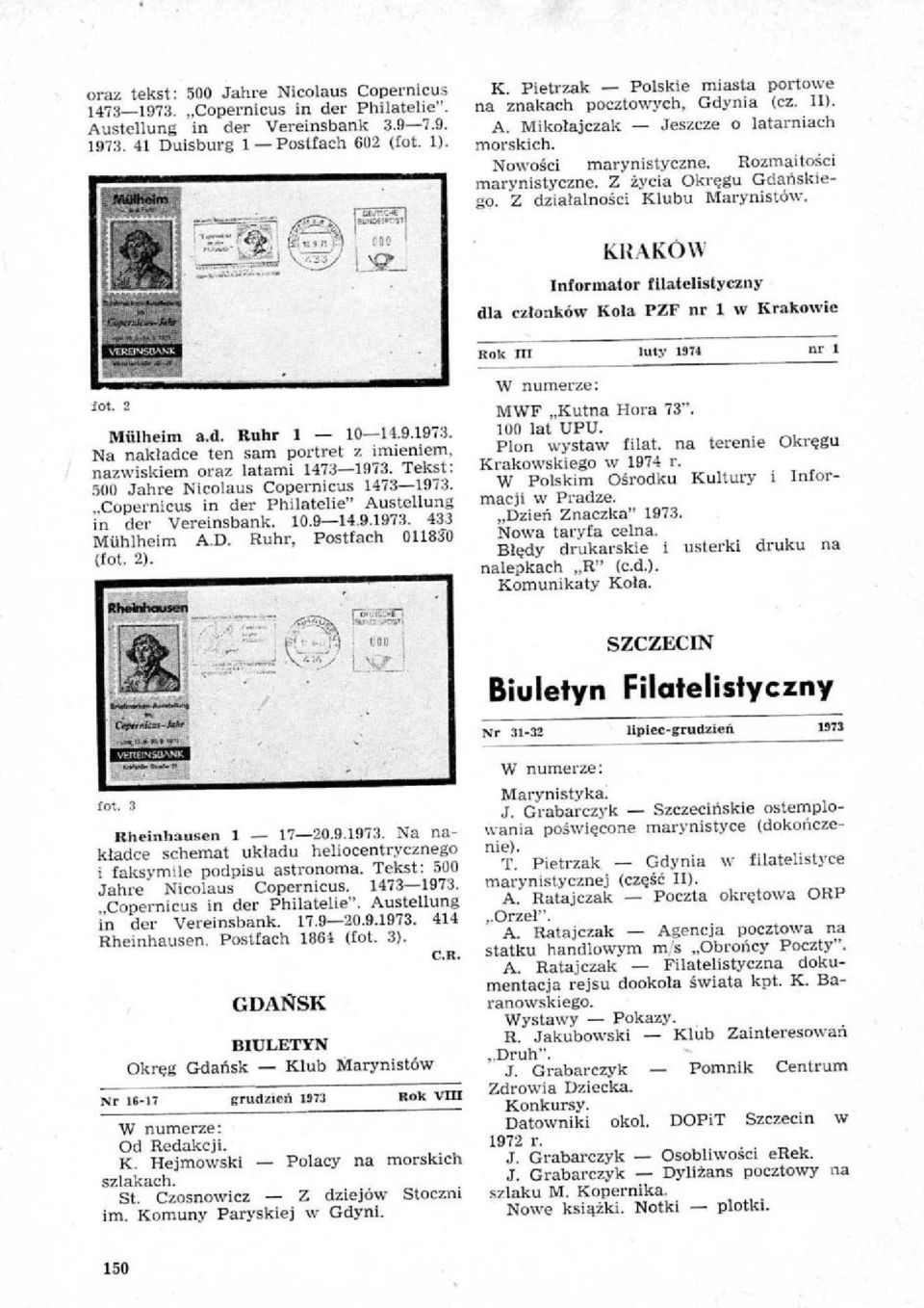 Z dzialalnoici Klubu MarynistOw. KRAKOW Informator filatelistyczny dla czlonkow Kota PZF nr 1 w Krakowie Itok III hay 1979 nr 1 fot. 2 Mfilheim a.d. Ruhr 1 10-14.9.1973.