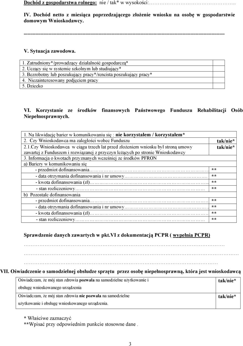 Niezainteresowany podjęciem pracy 5. Dziecko VI. Korzystanie ze środków finansowych Państwowego Funduszu Rehabilitacji Osób Niepełnosprawnych. 1.