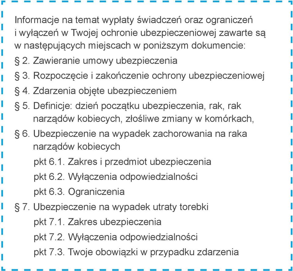 Definicje: dzień początku ubezpieczenia, rak, rak narządów kobiecych, złośliwe zmiany w komórkach, 6. Ubezpieczenie na wypadek zachorowania na raka narządów kobiecych pkt 6.1.