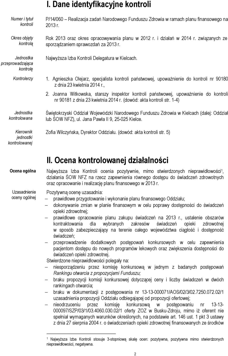 Agnieszka Olejarz, specjalista kontroli państwowej, upoważnienie do kontroli nr 90180 z dnia 23 kwietnia 2014 r., 2.