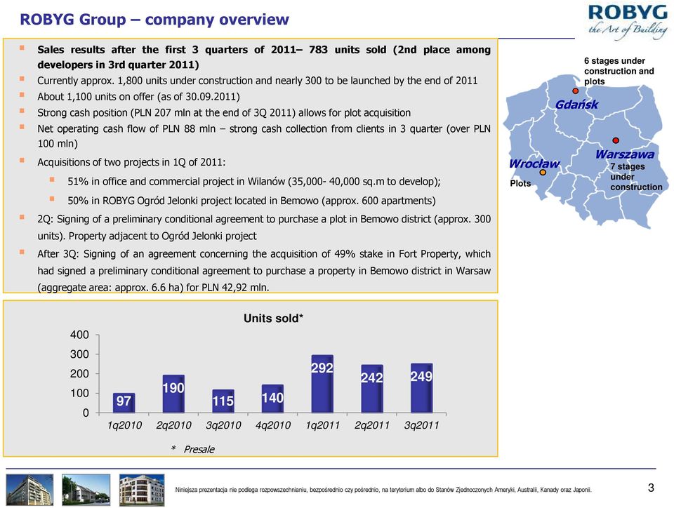 2011) Strong cash position (PLN 207 mln at the end of 3Q 2011) allows for plot acquisition Net operating cash flow of PLN 88 mln strong cash collection from clients in 3 quarter (over PLN 100 mln)
