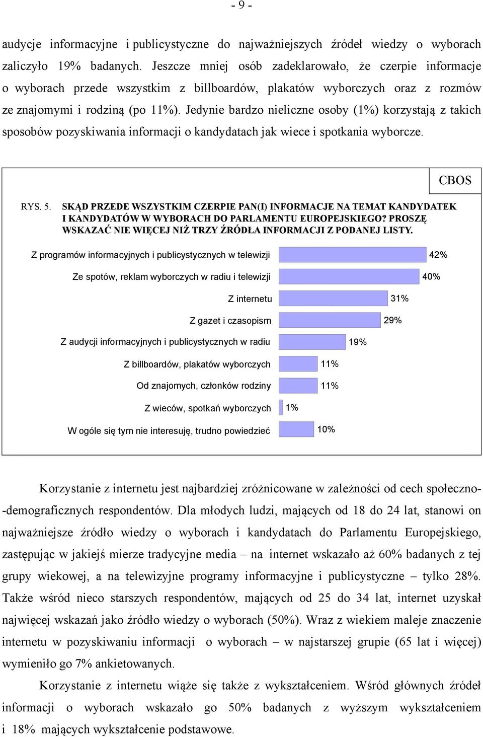 Jedynie bardzo nieliczne osoby (1%) korzystają z takich sposobów pozyskiwania informacji o kandydatach jak wiece i spotkania wyborcze. CBOS RYS. 5.