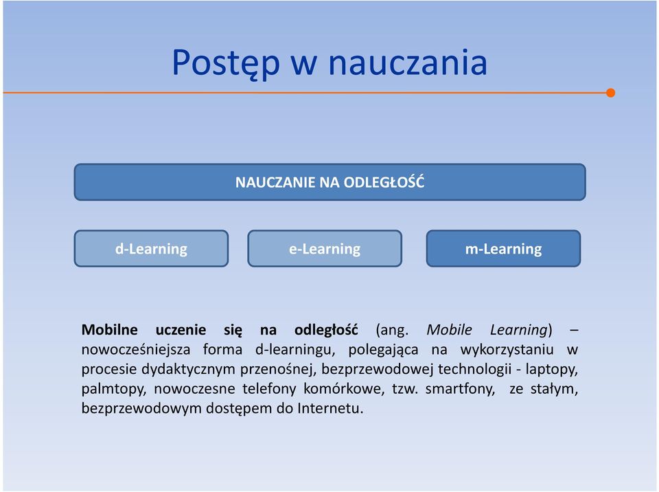 Mobile Learning) nowocześniejsza forma d-learningu, polegająca na wykorzystaniu w procesie