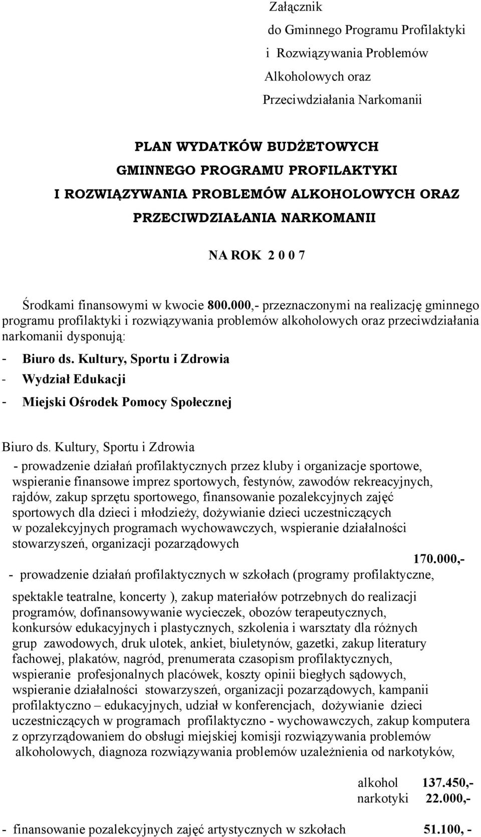 000,- przeznaczonymi na realizację gminnego programu profilaktyki i rozwiązywania problemów alkoholowych oraz przeciwdziałania narkomanii dysponują: - Biuro ds.