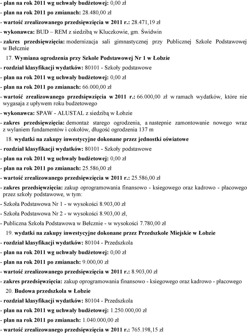 Wymiana ogrodenia pry Skole Podstawowej Nr 1 w Łobie - rodiał klasyfikacji wydatków: 80101 - Skoły podstawowe - rok 2011 wg uchwały budżetowej: 0,00 ł - rok 2011 po mianach: 66.
