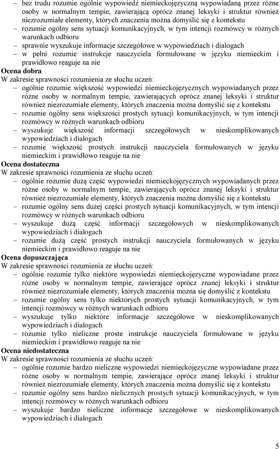 w pełni rozumie instrukcje nauczyciela formułowane w języku niemieckim i prawidłowo reaguje na nie Ocena dobra ogólnie rozumie większość wypowiedzi niemieckojęzycznych wypowiadanych przez różne osoby