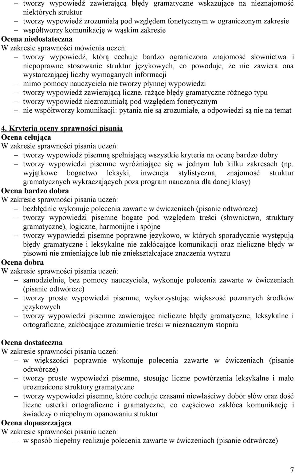 wystarczającej liczby wymaganych informacji mimo pomocy nauczyciela nie tworzy płynnej wypowiedzi tworzy wypowiedź zawierającą liczne, rażące błędy gramatyczne różnego typu tworzy wypowiedź