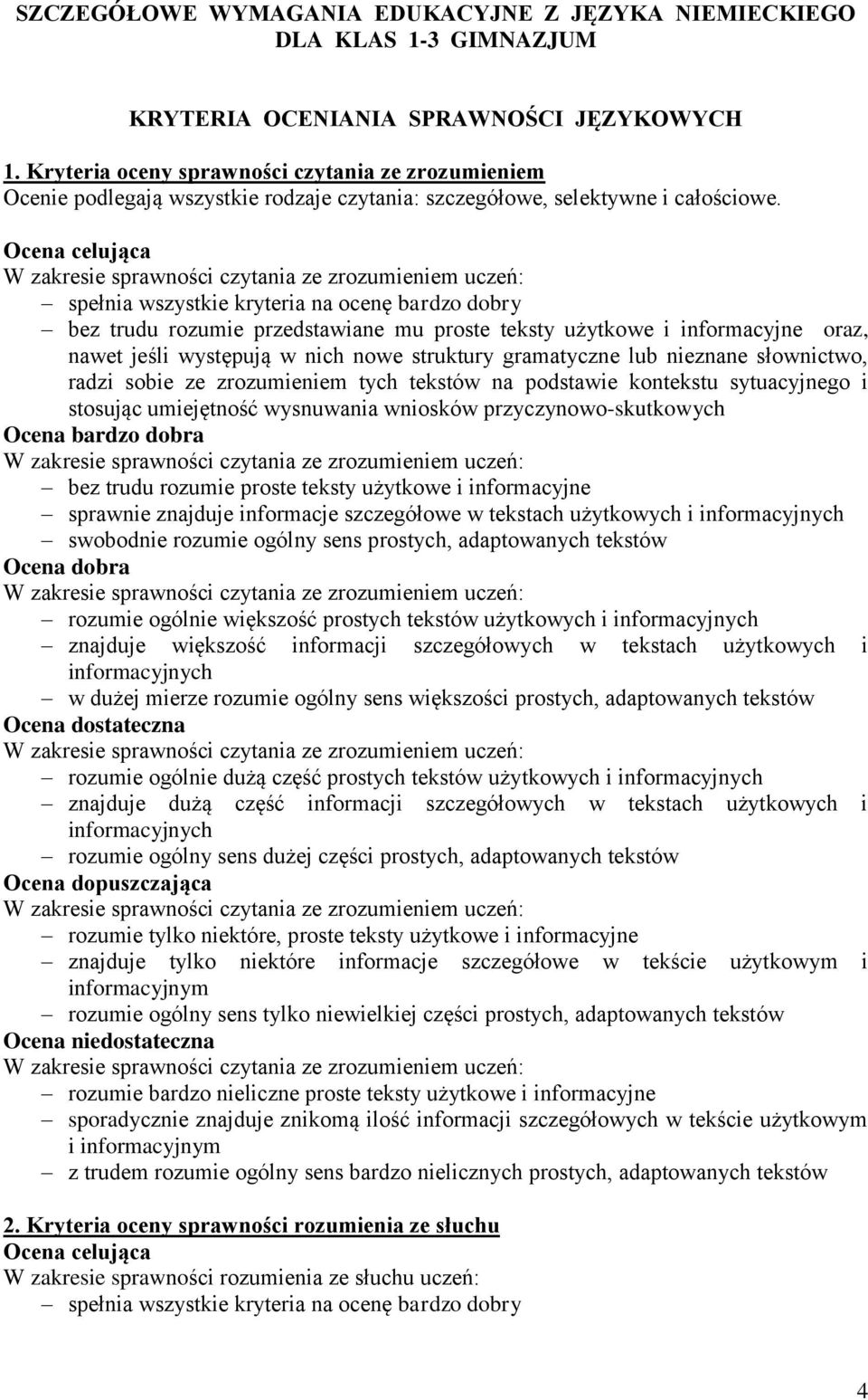 Ocena celująca spełnia wszystkie kryteria na ocenę bardzo dobry bez trudu rozumie przedstawiane mu proste teksty użytkowe i informacyjne oraz, nawet jeśli występują w nich nowe struktury gramatyczne