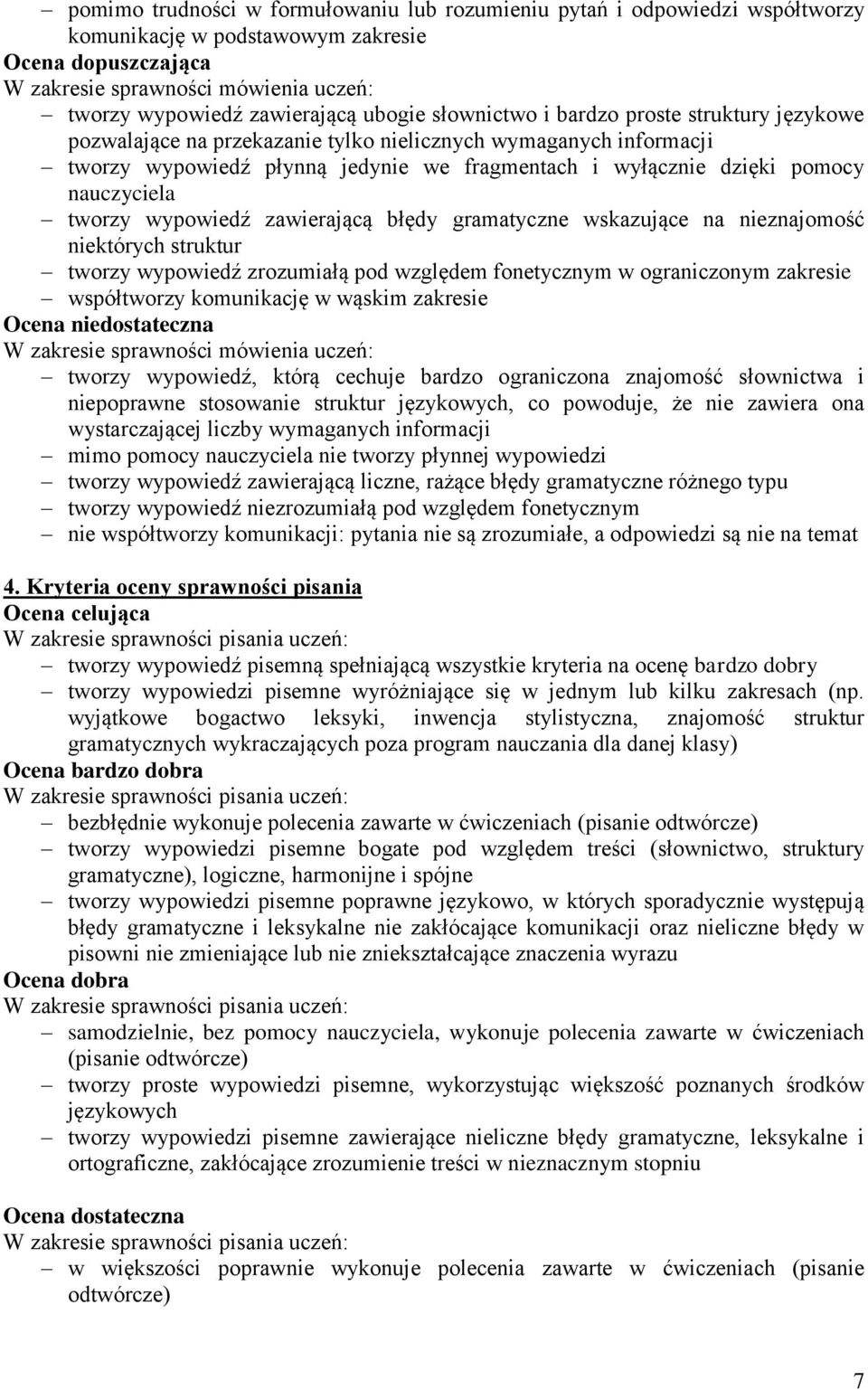 błędy gramatyczne wskazujące na nieznajomość niektórych struktur tworzy wypowiedź zrozumiałą pod względem fonetycznym w ograniczonym zakresie współtworzy komunikację w wąskim zakresie Ocena