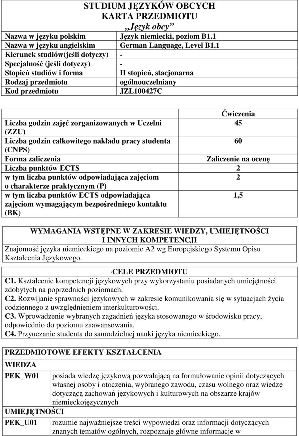 zajęć zorganizowanych w Uczelni 45 (ZZU) Liczba godzin całkowitego nakładu pracy studenta 60 (CNPS) Forma zaliczenia Zaliczenie na ocenę Liczba punktów ECTS w tym liczba punktów odpowiadająca