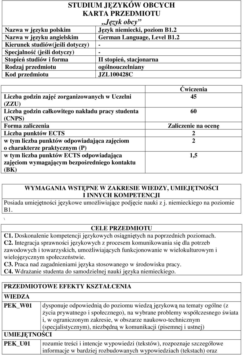 zajęć zorganizowanych w Uczelni 45 (ZZU) Liczba godzin całkowitego nakładu pracy studenta 60 (CNPS) Forma zaliczenia Zaliczenie na ocenę Liczba punktów ECTS w tym liczba punktów odpowiadająca