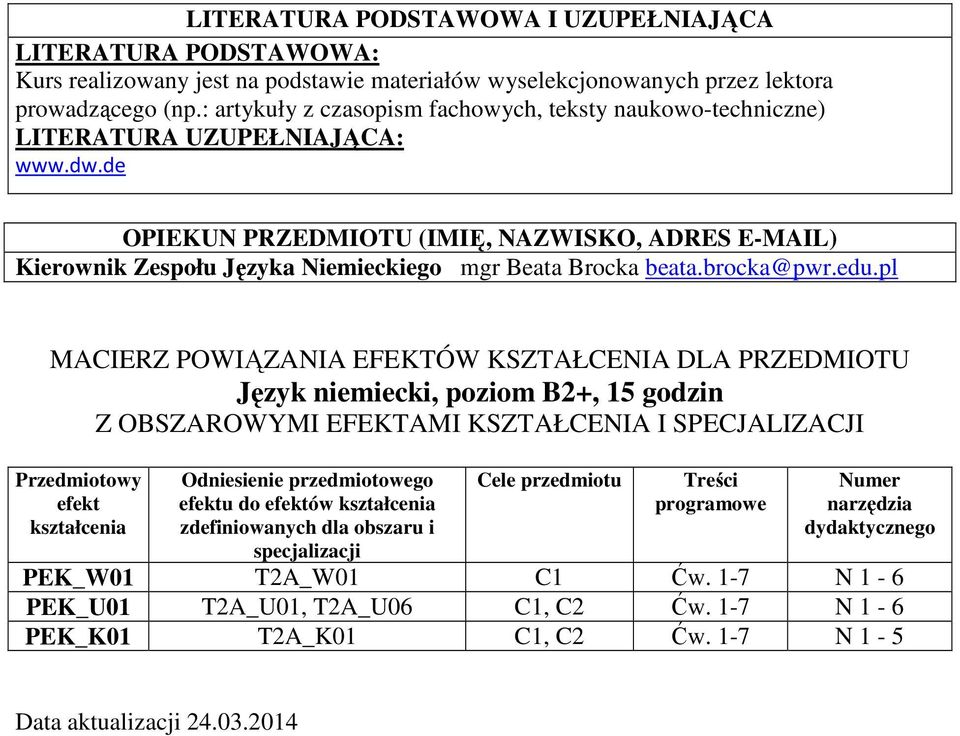 de OPIEKUN PRZEDMIOTU (IMIĘ, NAZWISKO, ADRES E-MAIL) Kierownik Zespołu Języka Niemieckiego mgr Beata Brocka beata.brocka@pwr.edu.