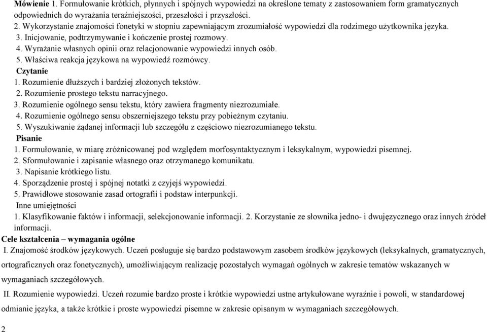 Wyrażanie własnych opinii oraz relacjonowanie wypowiedzi innych osób. 5. Właściwa reakcja językowa na wypowiedź rozmówcy. Czytanie 1. Rozumienie dłuższych i bardziej złożonych tekstów. 2.