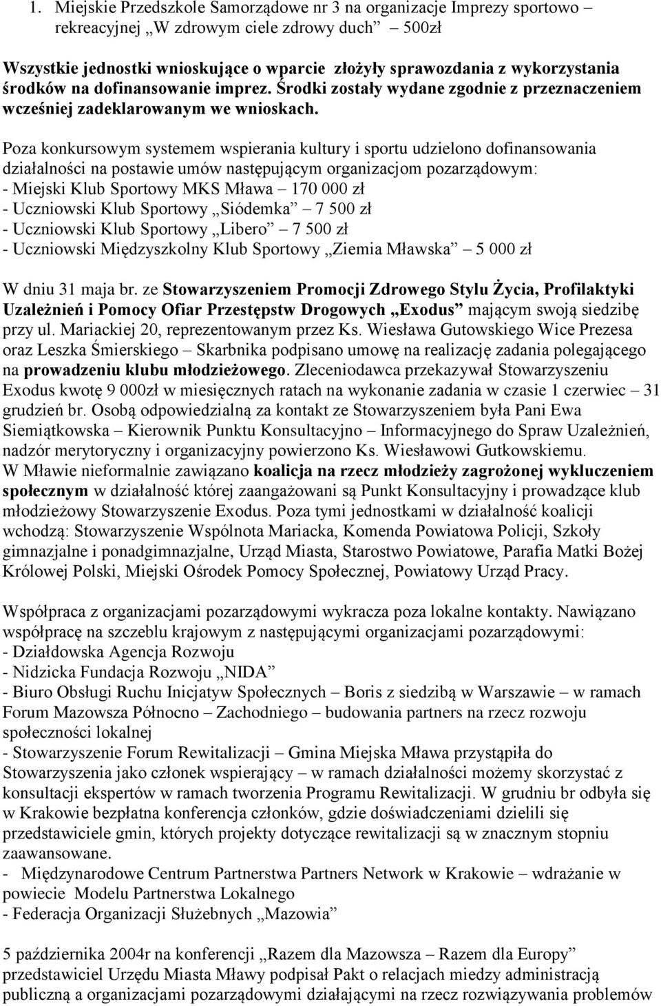 Poza konkursowym systemem wspierania kultury i sportu udzielono dofinansowania działalności na postawie umów następującym organizacjom pozarządowym: - Miejski Klub Sportowy MKS Mława 170 000 zł -