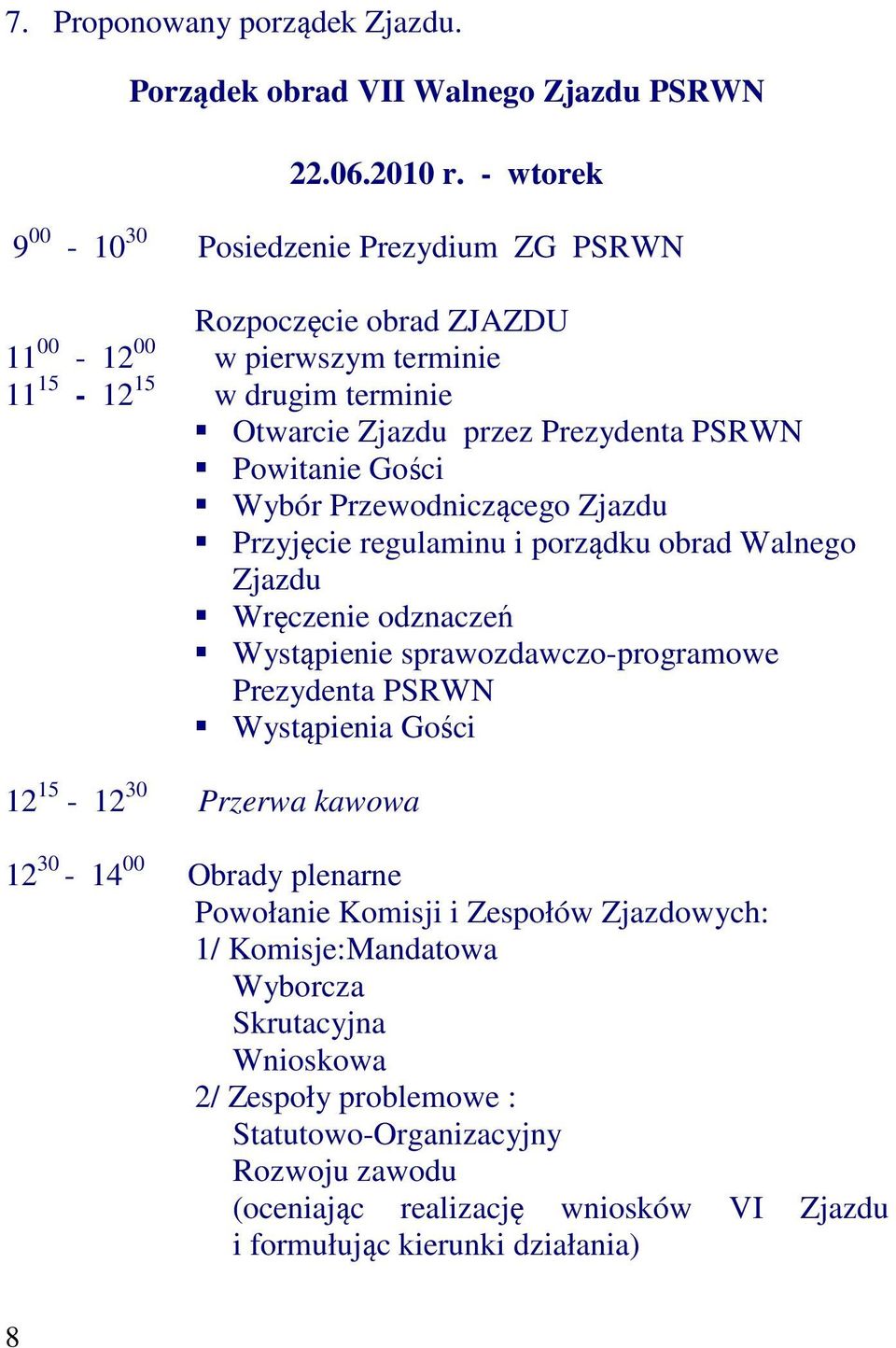 Powitanie Gości Wybór Przewodniczącego Zjazdu Przyjęcie regulaminu i porządku obrad Walnego Zjazdu Wręczenie odznaczeń Wystąpienie sprawozdawczo-programowe Prezydenta PSRWN Wystąpienia