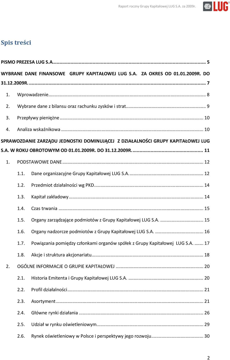 .. 10 SPRAWOZDANIE ZARZĄDU JEDNOSTKI DOMINUJĄCEJ Z DZIAŁALNOŚCI GRUPY KAPITAŁOWEJ LUG S.A. W ROKU OBROTOWYM OD 01.01.2009R. DO 31.12.2009R.... 11 1. PODSTAWOWE DANE... 12 1.1. Dane organizacyjne Grupy Kapitałowej LUG S.