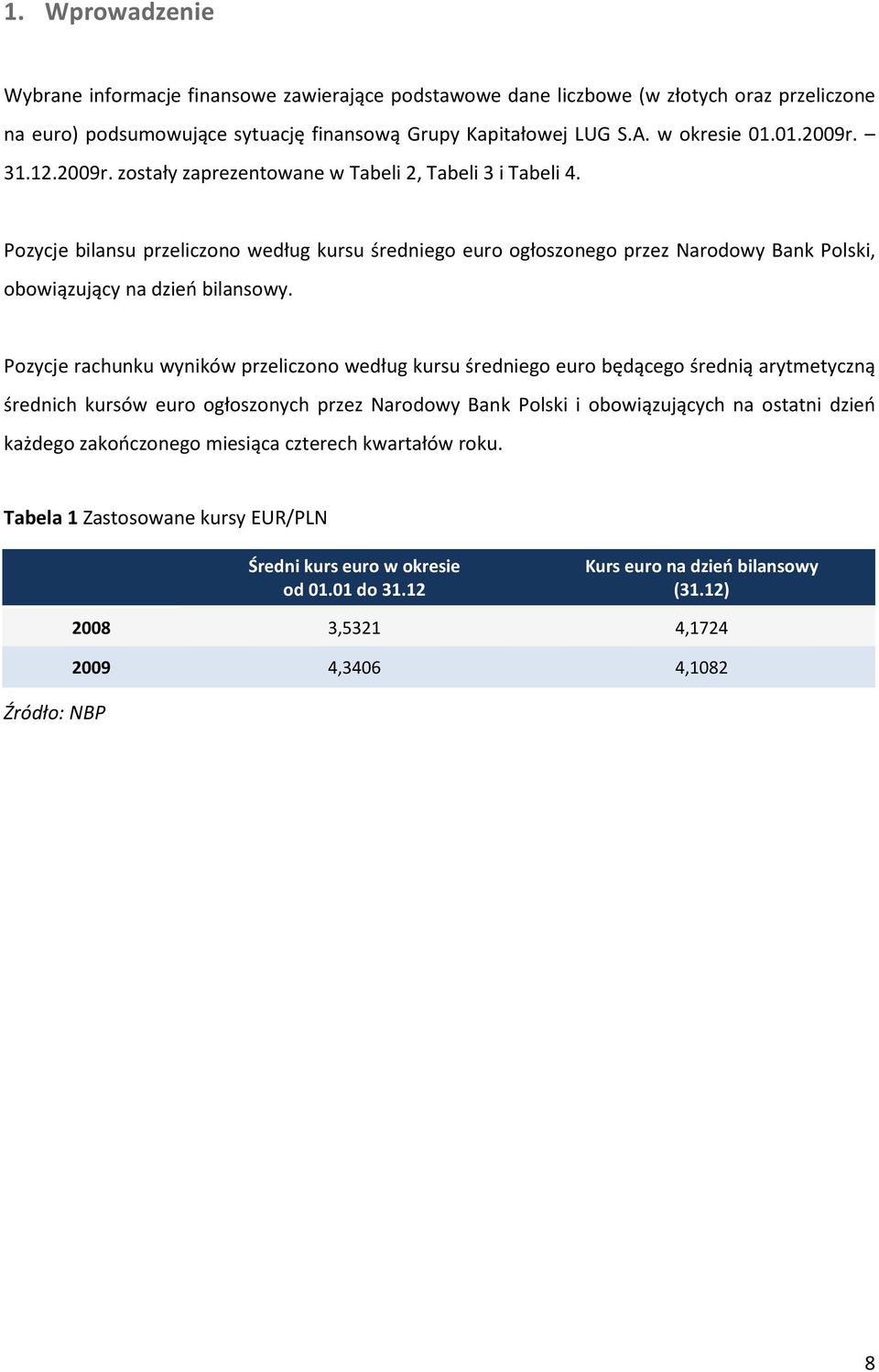 Pozycje rachunku wyników przeliczono według kursu średniego euro będącego średnią arytmetyczną średnich kursów euro ogłoszonych przez Narodowy Bank Polski i obowiązujących na ostatni dzień każdego