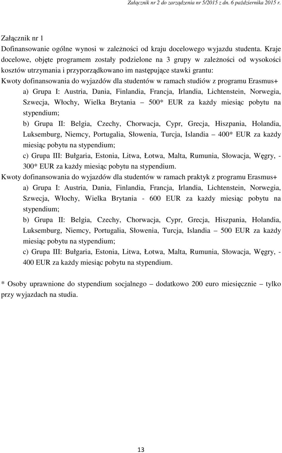 studentów w ramach studiów z programu Erasmus+ a) Grupa I: Austria, Dania, Finlandia, Francja, Irlandia, Lichtenstein, Norwegia, Szwecja, Włochy, Wielka Brytania 500* EUR za każdy miesiąc pobytu na