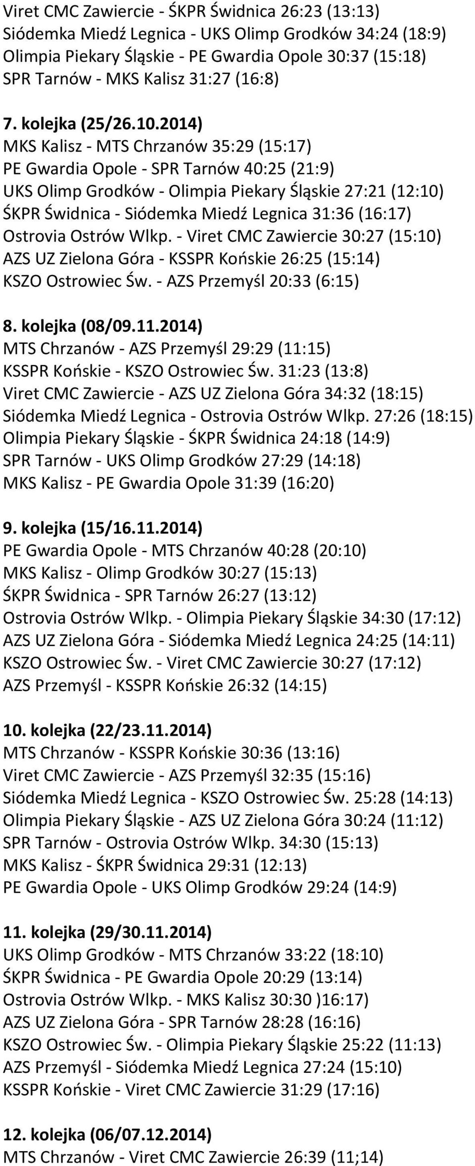 2014) MKS Kalisz - MTS Chrzanów 35:29 (15:17) PE Gwardia Opole - SPR Tarnów 40:25 (21:9) UKS Olimp Grodków - Olimpia Piekary Śląskie 27:21 (12:10) ŚKPR Świdnica - Siódemka Miedź Legnica 31:36 (16:17)