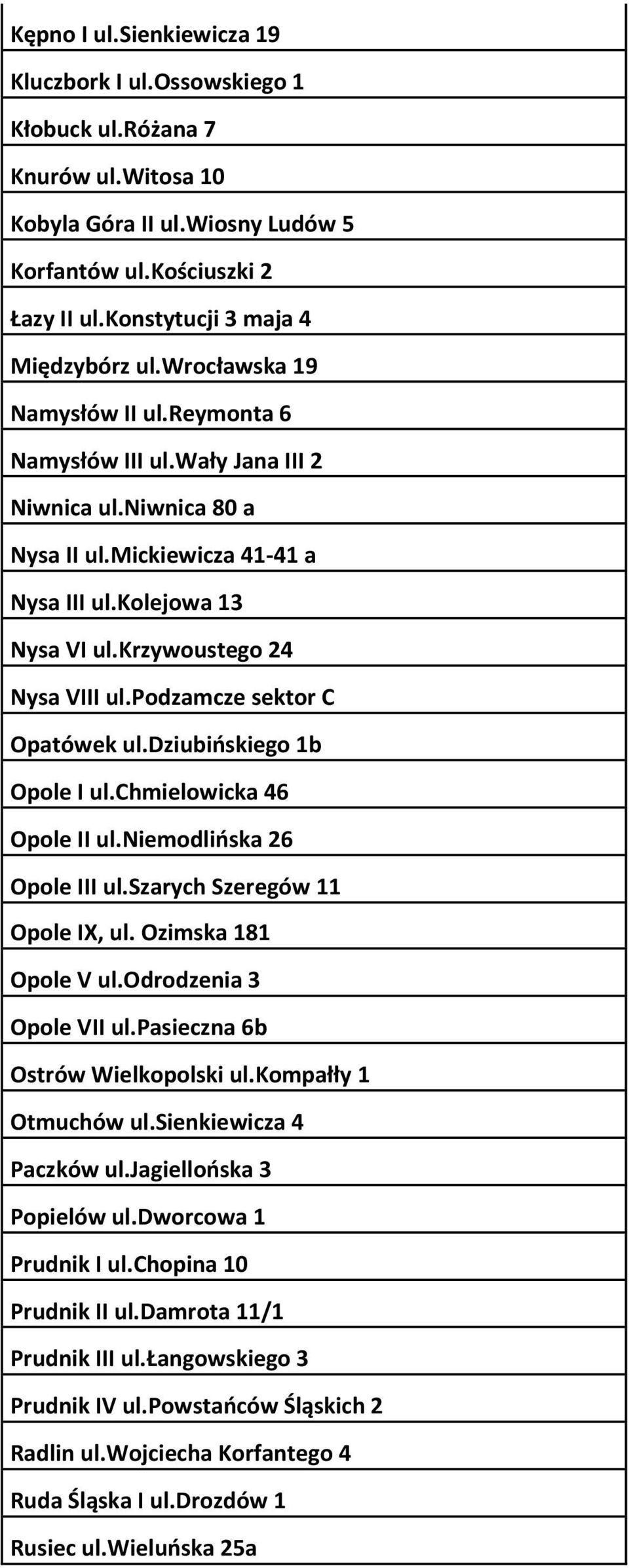 krzywoustego 24 Nysa VIII ul.podzamcze sektor C Opatówek ul.dziubińskiego 1b Opole I ul.chmielowicka 46 Opole II ul.niemodlińska 26 Opole III ul.szarych Szeregów 11 Opole IX, ul.