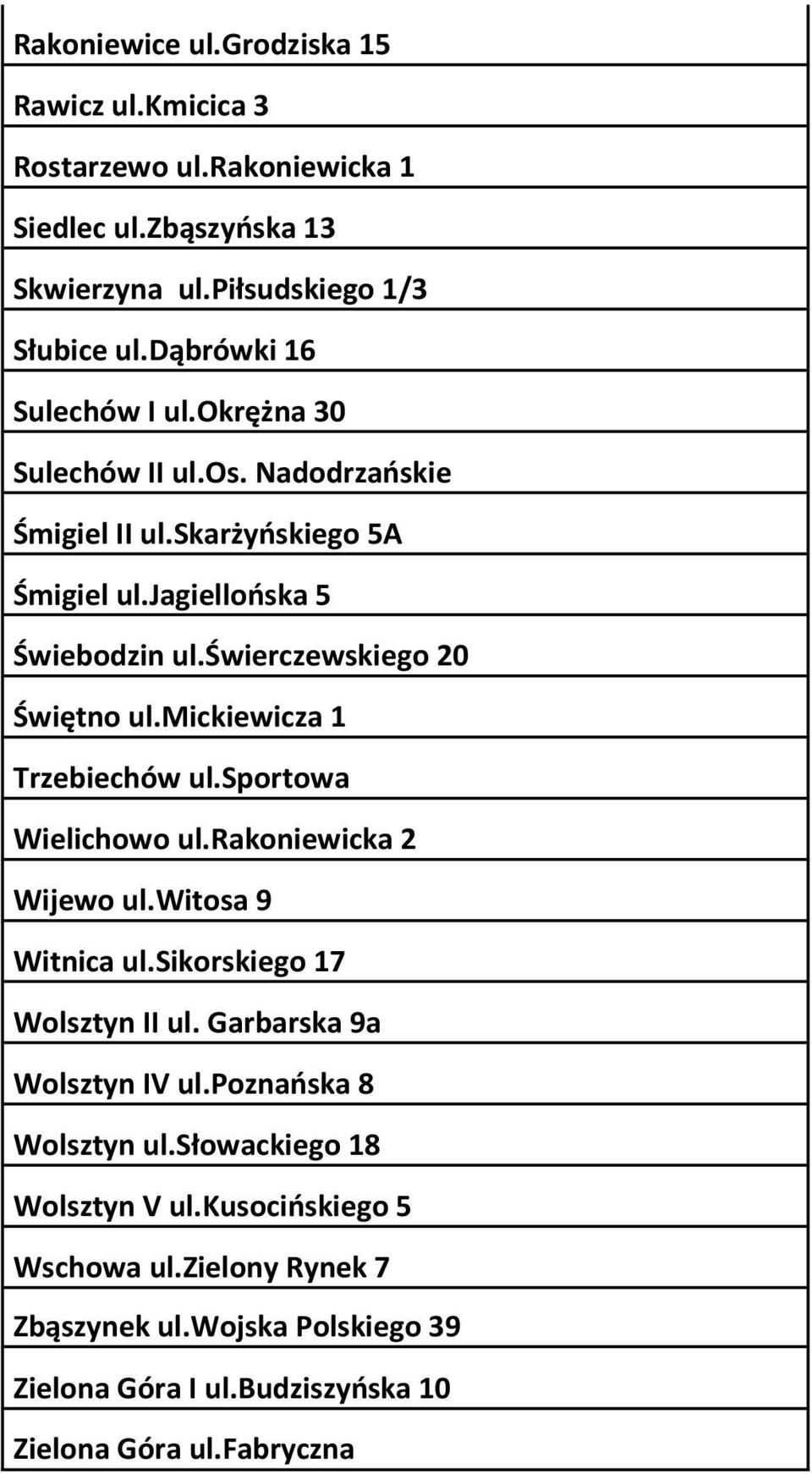 świerczewskiego 20 Świętno ul.mickiewicza 1 Trzebiechów ul.sportowa Wielichowo ul.rakoniewicka 2 Wijewo ul.witosa 9 Witnica ul.sikorskiego 17 Wolsztyn II ul.