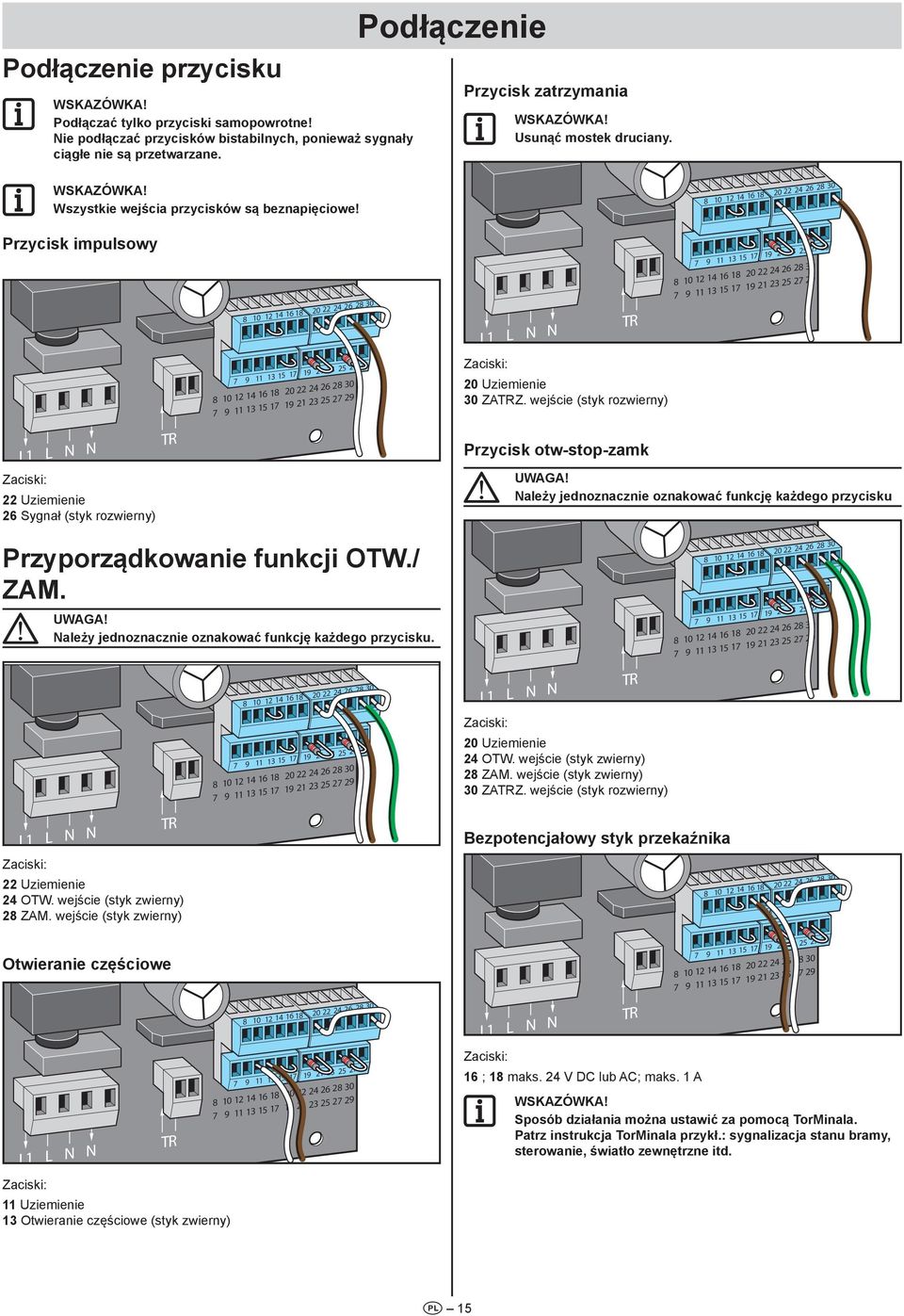8 10 12 14 16 18 20 22 24 26 28 30 Przycisk impulsowy Zaciski: 22 Uziemienie 26 Sygnał (styk rozwierny) 8 10 12 14 16 18 20 22 24 26 28 30 Zaciski: 20 Uziemienie 30 ZAZ.