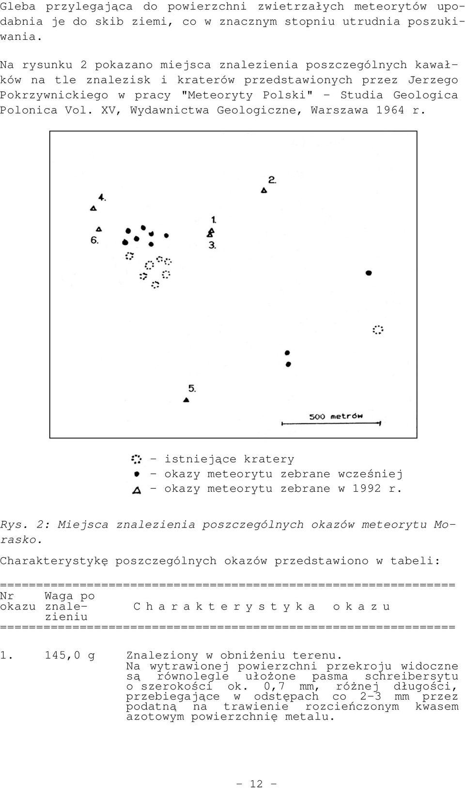 XV, Wydawnictwa Geologiczne, Warszawa 1964 r. - istniejące kratery - okazy meteorytu zebrane wcześniej - okazy meteorytu zebrane w 1992 r. Rys.