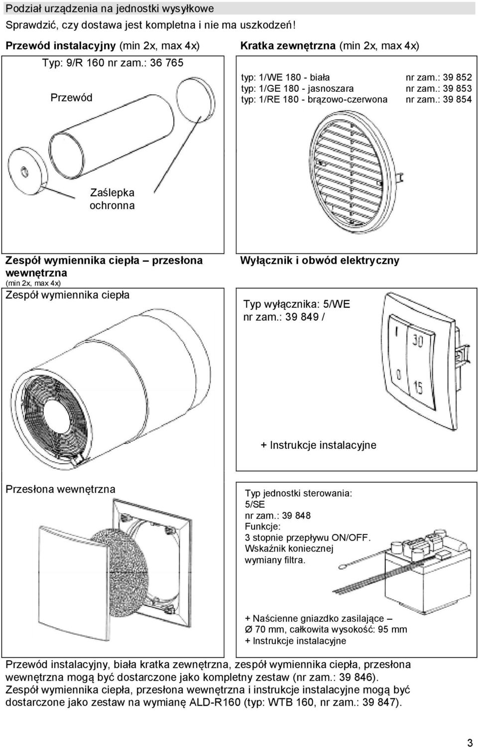 : 39 854 Montaż - instalacja i połączenie elektryczne Zaślepka ochronna Zespół wymiennika ciepła przesłona wewnętrzna (min 2x, max 4x) Zespół wymiennika ciepła Wyłącznik i obwód elektryczny Typ