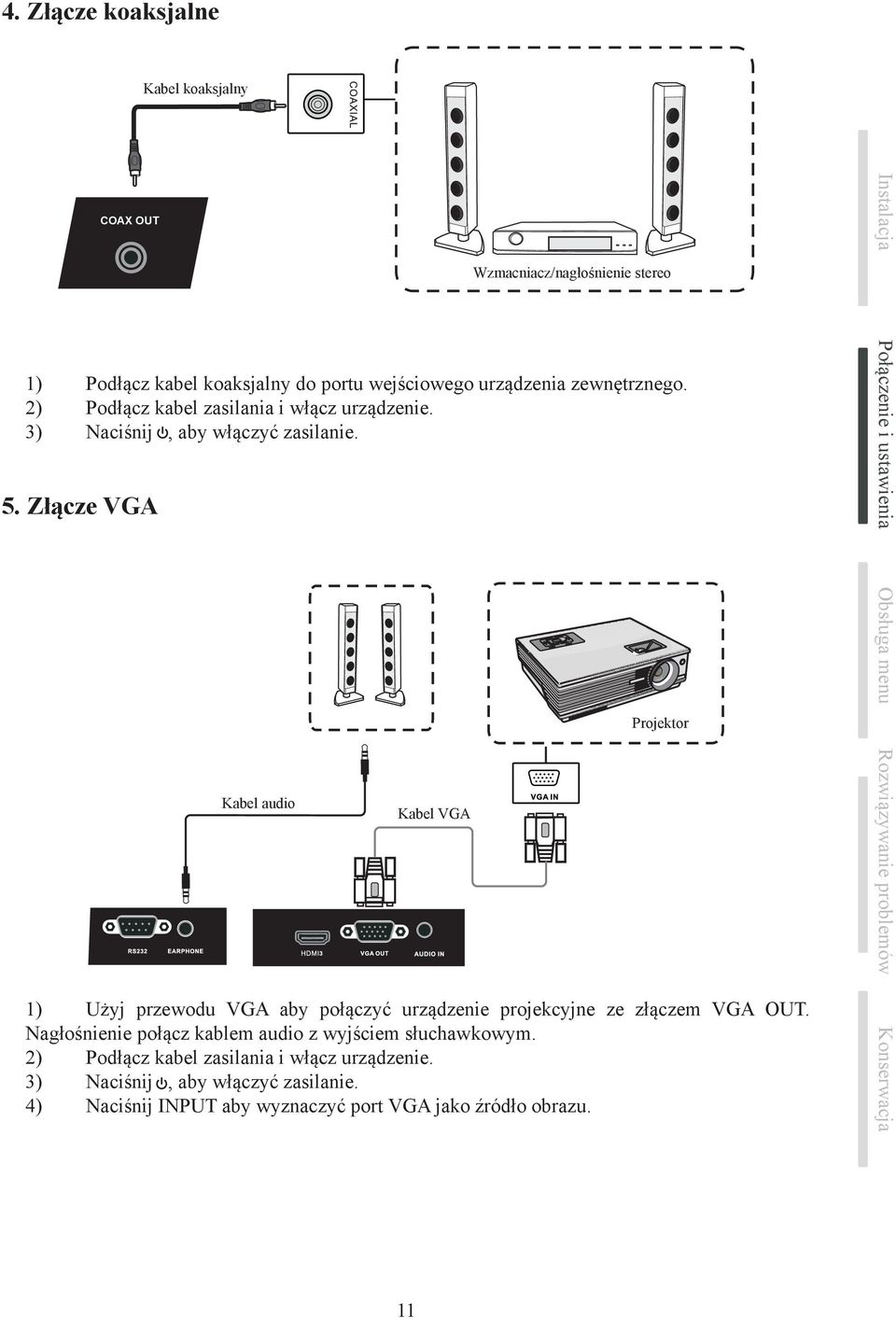Złącze VGA Kabel audio Kabel VGA Wzmacniacz/nagłośnienie stereo Projektor 1) Użyj przewodu VGA aby połączyć urządzenie projekcyjne ze złączem VGA OUT.