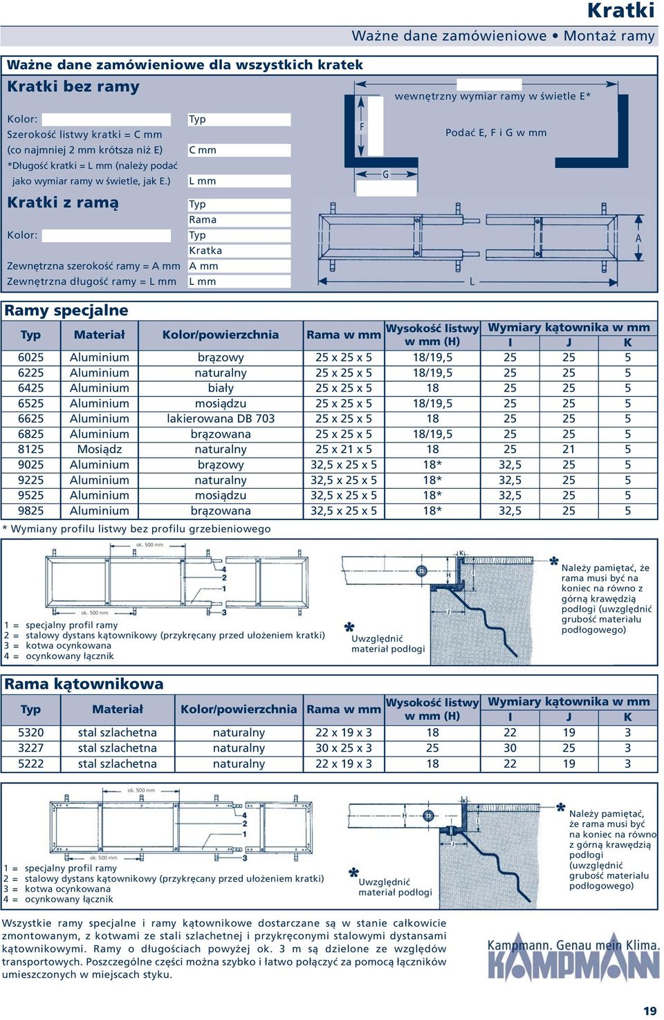 ) Typ C mm L mm F G Podać E, F i G w mm Kratki z ramą Kolor: Zewnętrzna szerokość ramy = A mm Zewnętrzna długość ramy = L mm Typ Rama Typ Kratka A mm L mm Ramy specjalne Wysokość listwy Wymiary