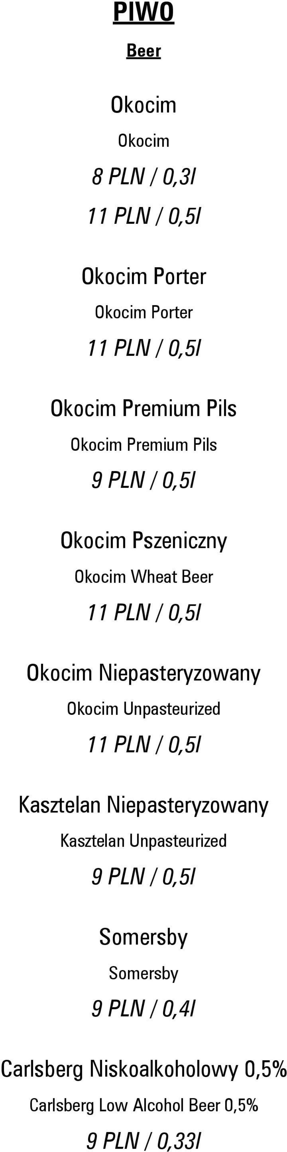 Niepasteryzowany Okocim Unpasteurized 11 PLN / 0,5l Kasztelan Niepasteryzowany Kasztelan Unpasteurized 9