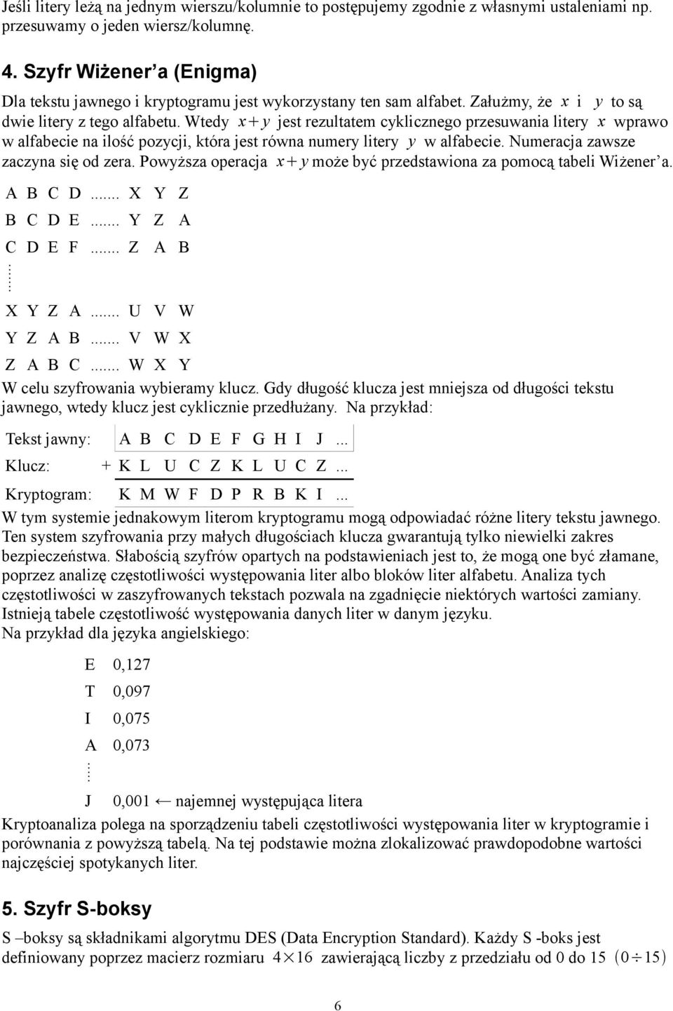 Wtedy x y jest rezultatem cyklicznego przesuwania litery x wprawo w alfabecie na ilość pozycji, która jest równa numery litery y w alfabecie. Numeracja zawsze zaczyna się od zera.