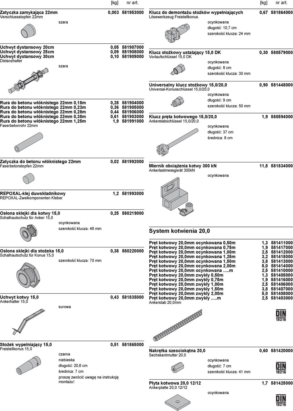 581905000 Rura do betonu włóknistego 22mm 0,28m 0,44 581906000 Rura do betonu włóknistego 22mm 0,38m 0,61 581903000 Rura do betonu włóknistego 22mm 1,25m 1,9 581991000 Faserbetonrohr 22mm Klucz