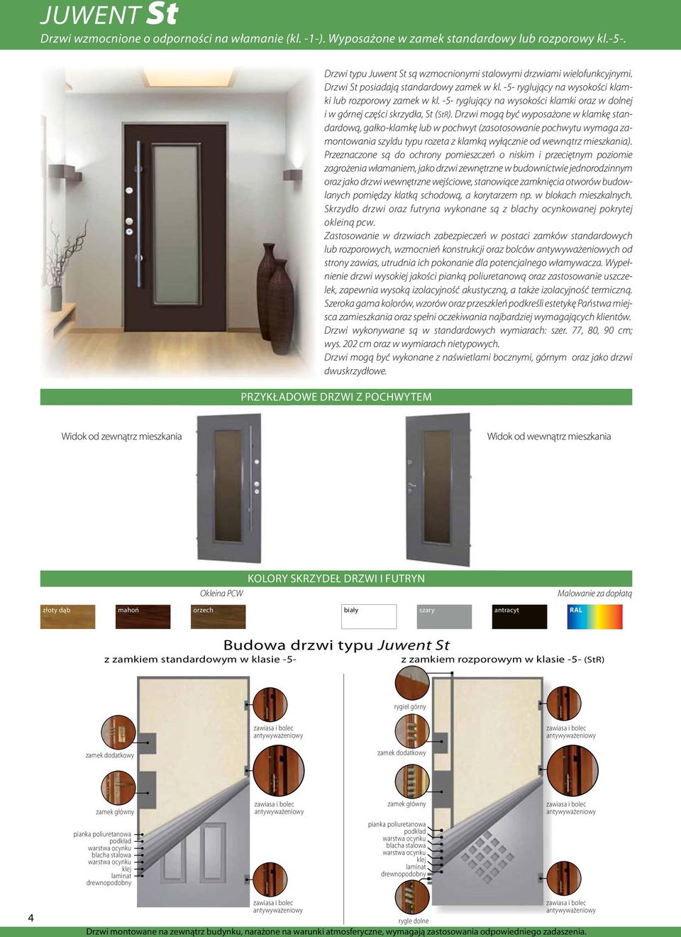 Drzwi mogą być wyposażone w klamkę standardową, gałko-klamkę lub w pochwyt (zasotosowanie pochwytu wymaga zamontowania szyldu typu rozeta z klamką wyłącznie od wewnątrz mieszkania).
