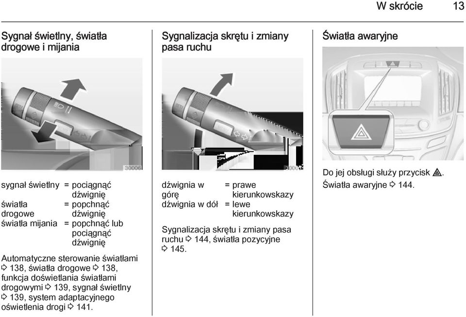 funkcja doświetlania światłami drogowymi 3 139, sygnał świetlny 3 139, system adaptacyjnego oświetlenia drogi 3 141.