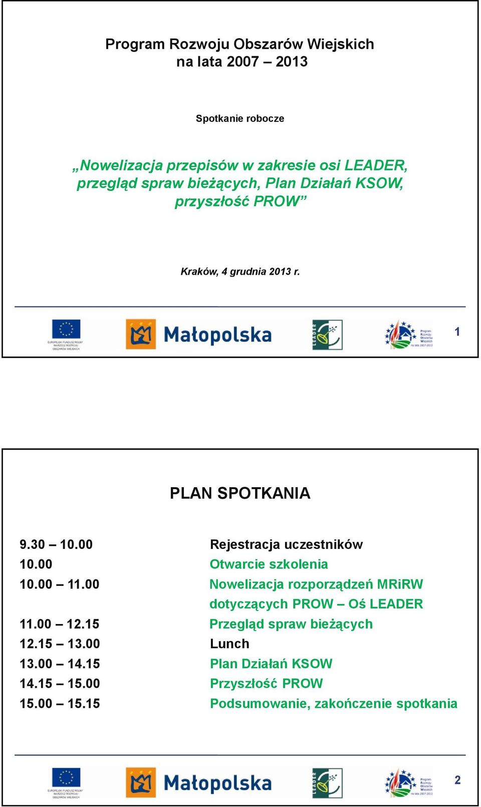 00 Rejestracja uczestników 10.00 Otwarcie szkolenia 10.00 11.00 Nowelizacja rozporządzeń MRiRW dotyczących PROW Oś LEADER 11.