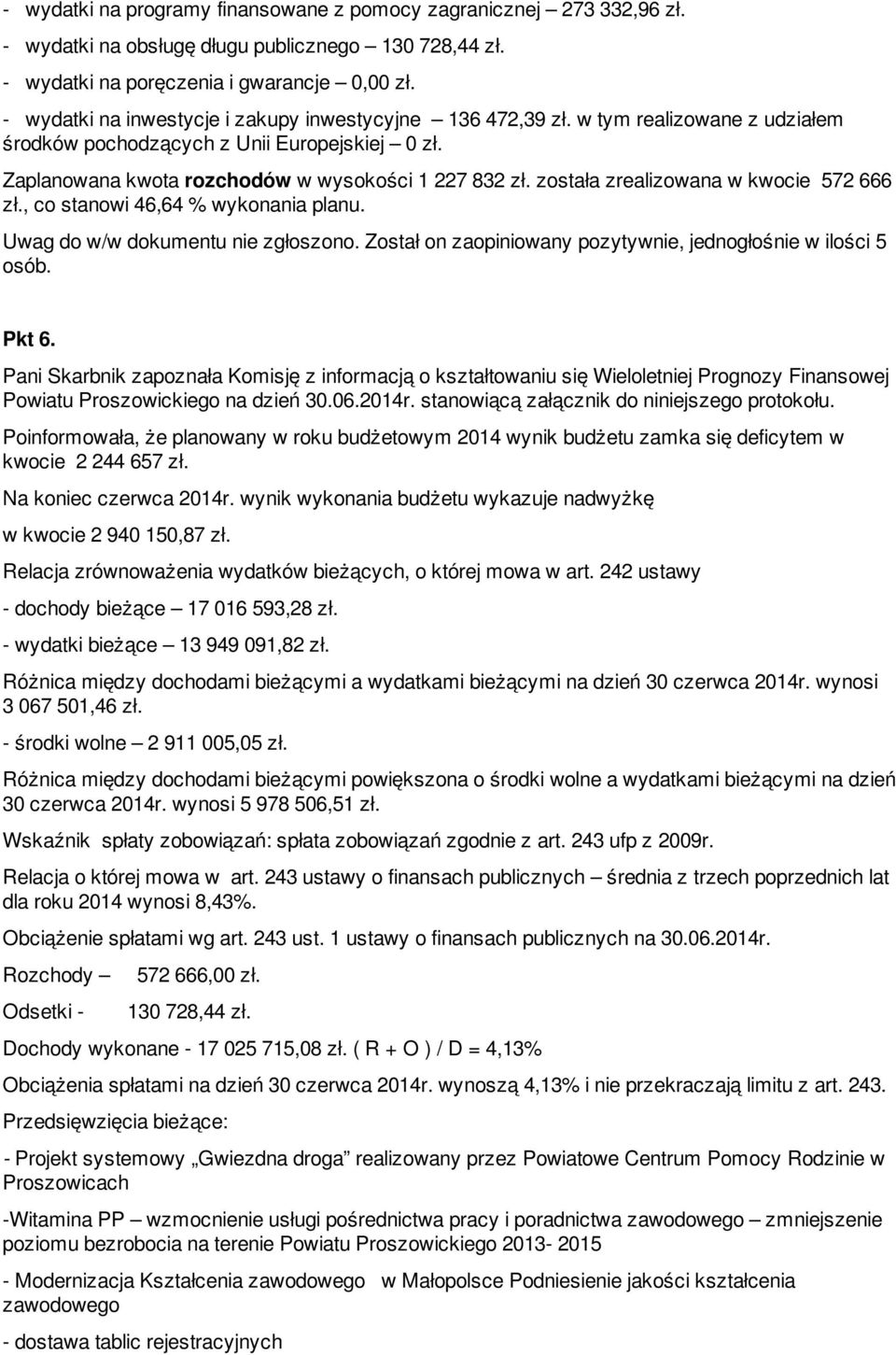 została zrealizowana w kwocie 572 666 zł., co stanowi 46,64 % wykonania planu. Uwag do w/w dokumentu nie zgłoszono. Został on zaopiniowany pozytywnie, jednogłośnie w ilości 5 osób. Pkt 6.