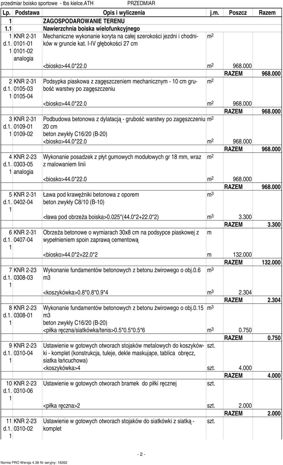 I-IV głębokości 7 c <biosko>44.0*.0 968.000 Podsypka piaskowa z zagęszczenie echaniczny - 0 c grubość warstwy po zagęszczeniu <biosko>44.0*.0 968.000 Podbudowa betonowa z dylatacją - grubość warstwy po zagęszczeniu 0 c beton zwykły C6/0 (B-0) <biosko>44.