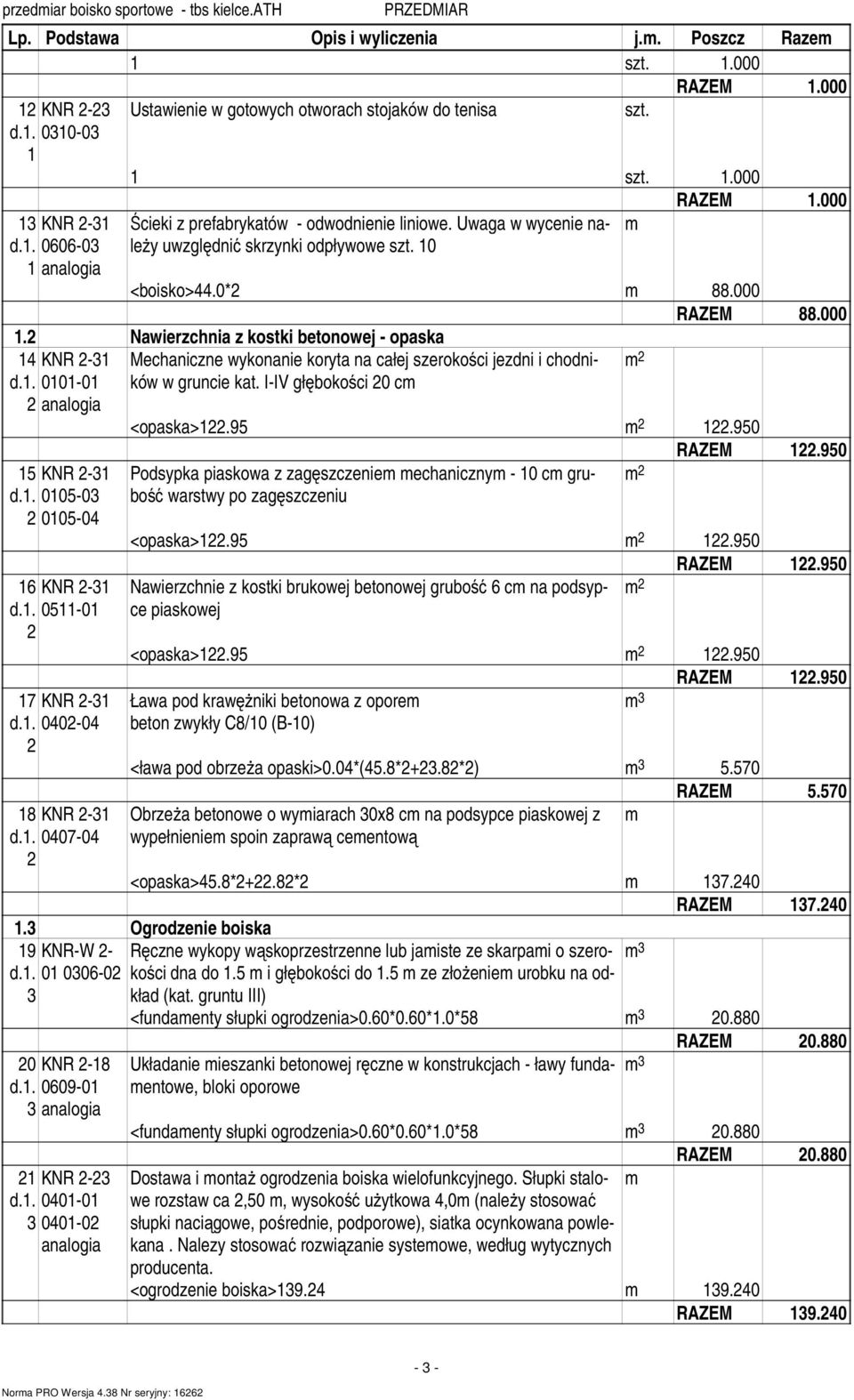 . 0-0 7 KNR -3 d.. 040-04 8 KNR -3 d.. 0407-04 Mechaniczne wykonanie koryta na całej szerokości jezdni i chodników w gruncie kat. I-IV głębokości 0 c <opaska>.9.90 RAZEM.