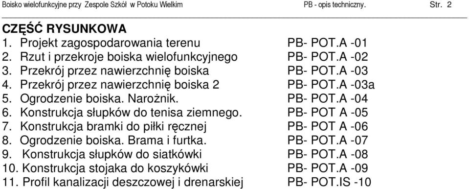 Ogrodzenie boiska. NaroŜnik. PB- POT.A -04 6. Konstrukcja słupków do tenisa ziemnego. PB- POT A -05 7. Konstrukcja bramki do piłki ręcznej PB- POT A -06 8.