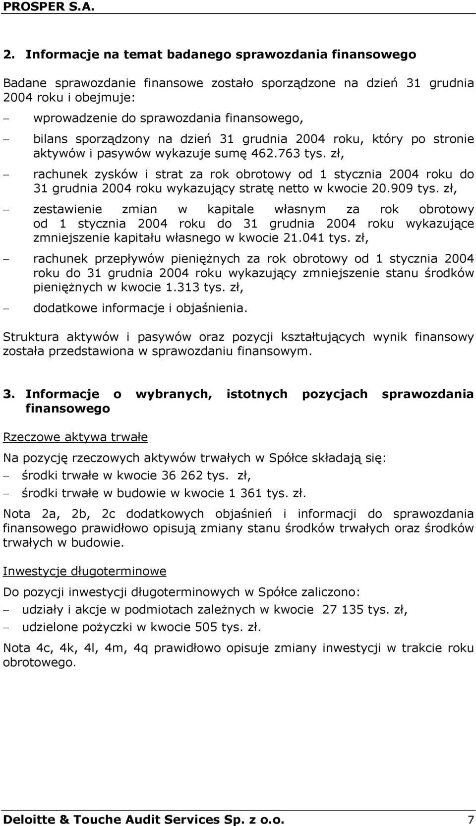 zł, rachunek zysków i strat za rok obrotowy od 1 stycznia 2004 roku do 31 grudnia 2004 roku wykazujący stratę netto w kwocie 20.909 tys.