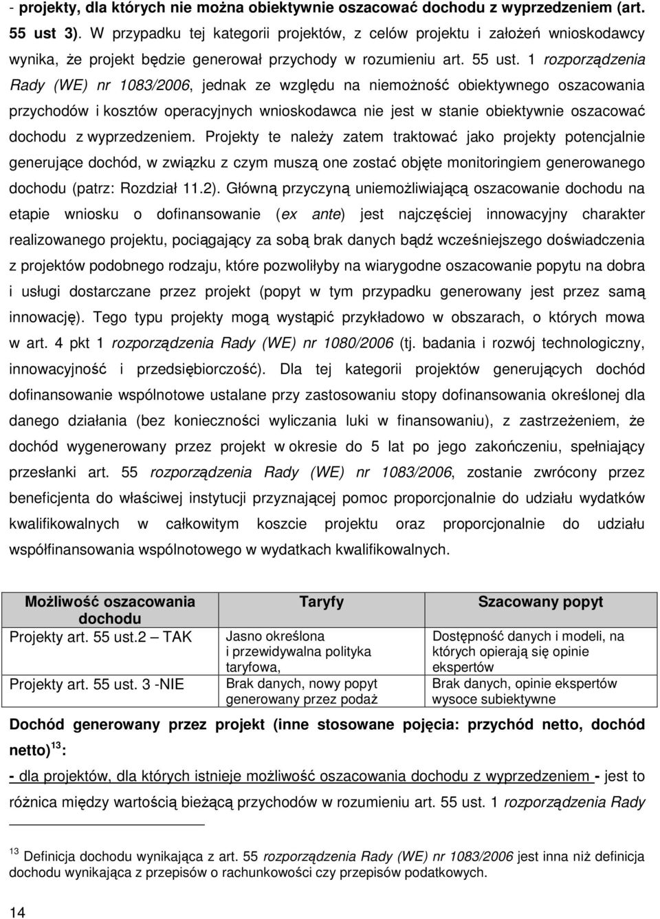 1 rozporządzenia Rady (WE) nr 1083/2006, jednak ze względu na niemoŝność obiektywnego oszacowania przychodów i kosztów operacyjnych wnioskodawca nie jest w stanie obiektywnie oszacować dochodu z