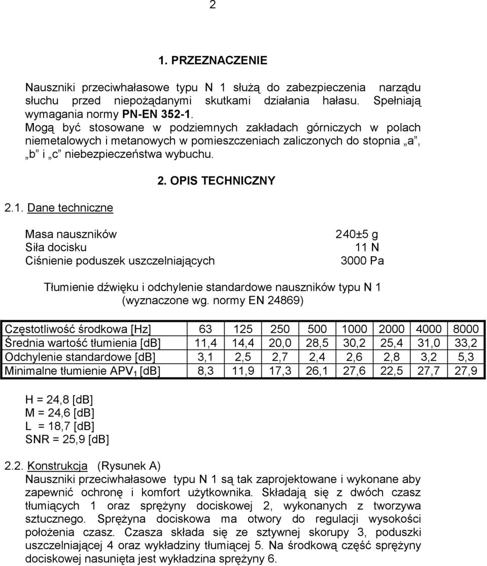 OPIS TECHNICZNY Masa nauszników Siła docisku Ciśnienie poduszek uszczelniających 240±5 g 11 N 3000 Pa Tłumienie dźwięku i odchylenie standardowe nauszników typu N 1 (wyznaczone wg.