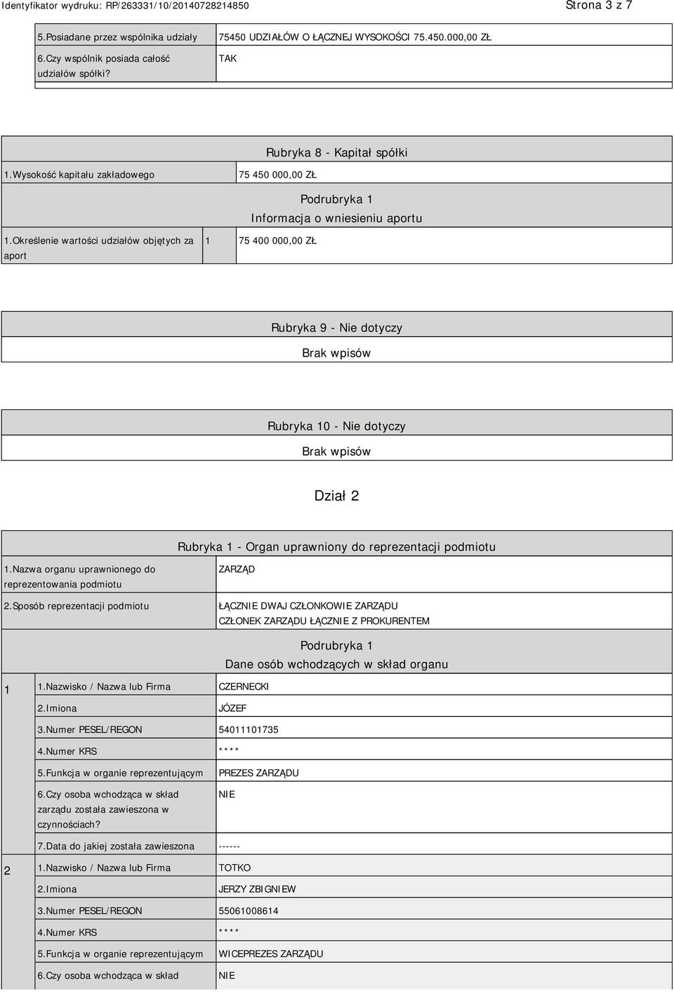 Określenie wartości udziałów objętych za aport 1 75 400 000,00 ZŁ Rubryka 9 - Nie dotyczy Rubryka 10 - Nie dotyczy Dział 2 Rubryka 1 - Organ uprawniony do reprezentacji podmiotu 1.