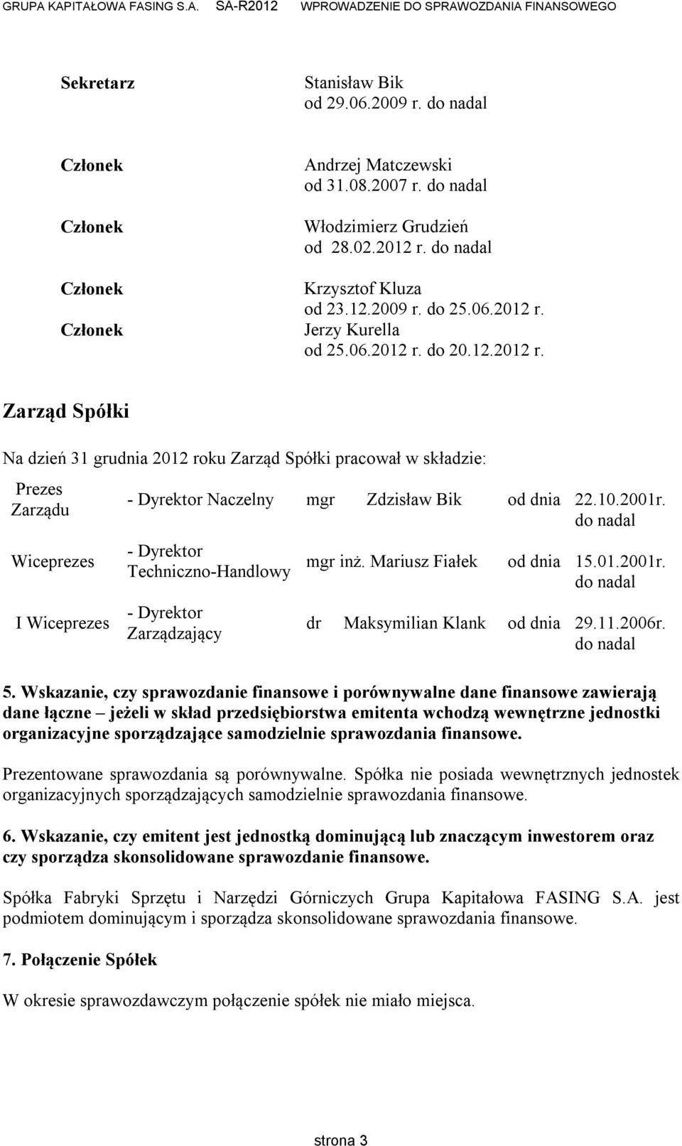 10.2001r. do nadal - Dyrektor Techniczno-Handlowy - Dyrektor Zarządzający mgr inż. Mariusz Fiałek od dnia 15.01.2001r. do nadal dr Maksymilian Klank od dnia 29.11.2006r. do nadal 5.