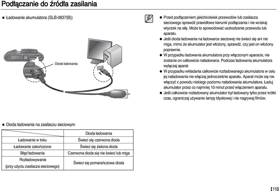 JeÊli dioda adowania na adowarce sieciowej nie Êwieci si ani nie miga, mimo e akumulator jest w o ony, sprawdê, czy jest on w o ony poprawnie.